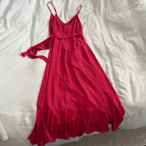 Lulus Manhattan Moment Berry Pink Ruffled Midi Wrap Dress Size S - Picture 5 of 6